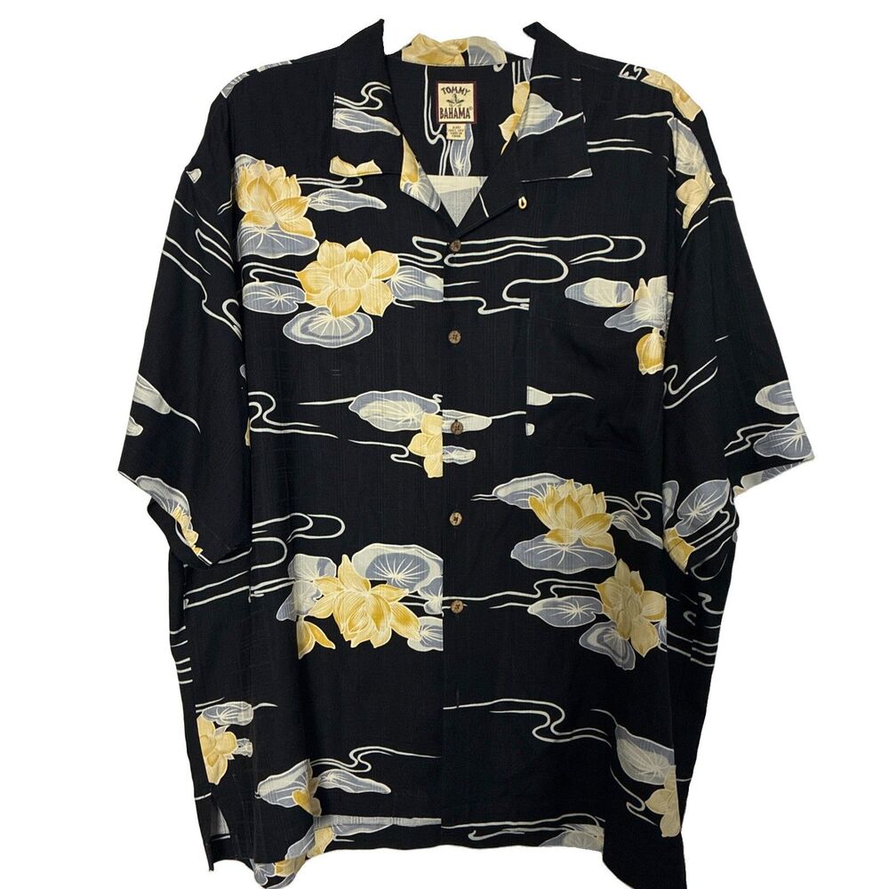 Tommy Bahama Men’s 2XL 100% Silk Hawaiian Camp Shirt Black Floral Casual Resort